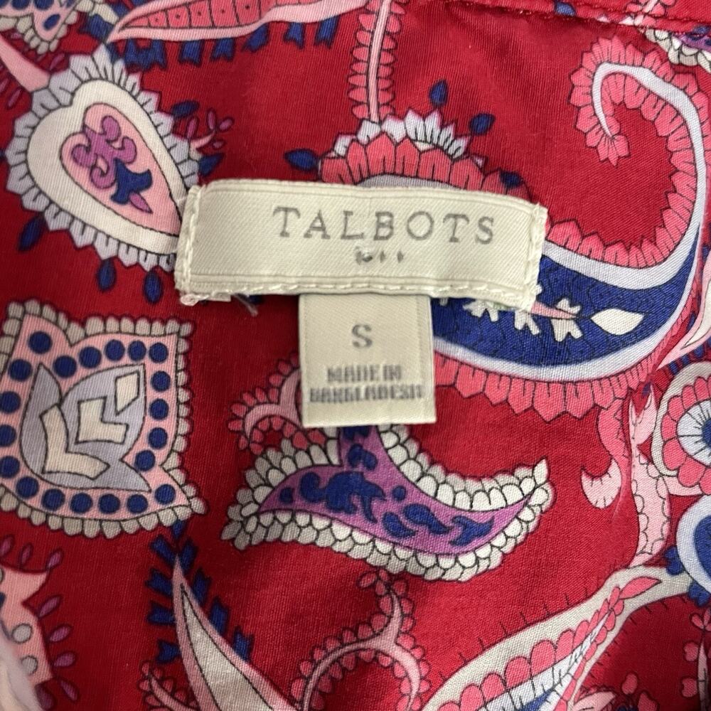 Talbots S Button Up Blouse Red Paisley Long Roll Tab Sleeves 100% Cotton Top - Picture 7 of 11